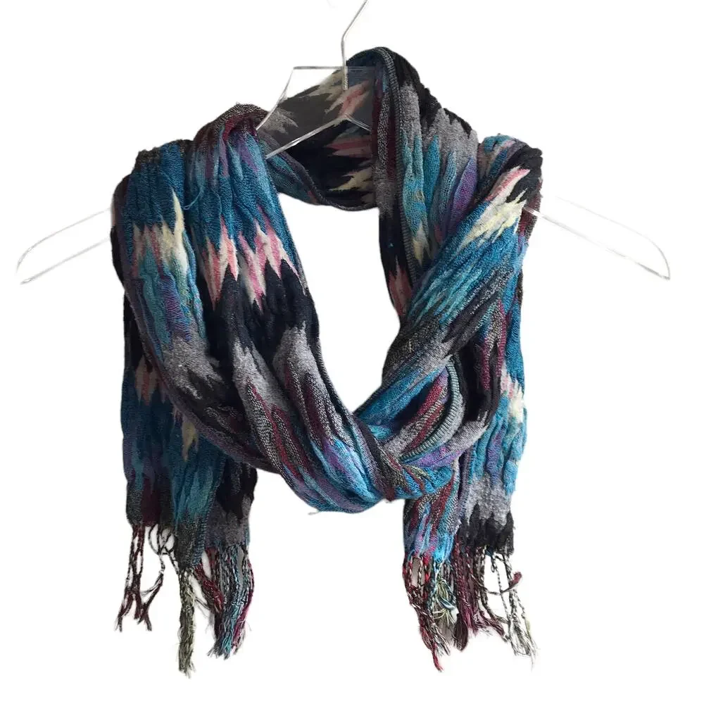 Blue Zig Zag Knit Scarf Fringed Marled Rectangular Wrap Warm Cozy Cabincore